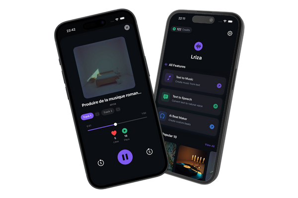 Lriza AI music generator app interface showing music creation features